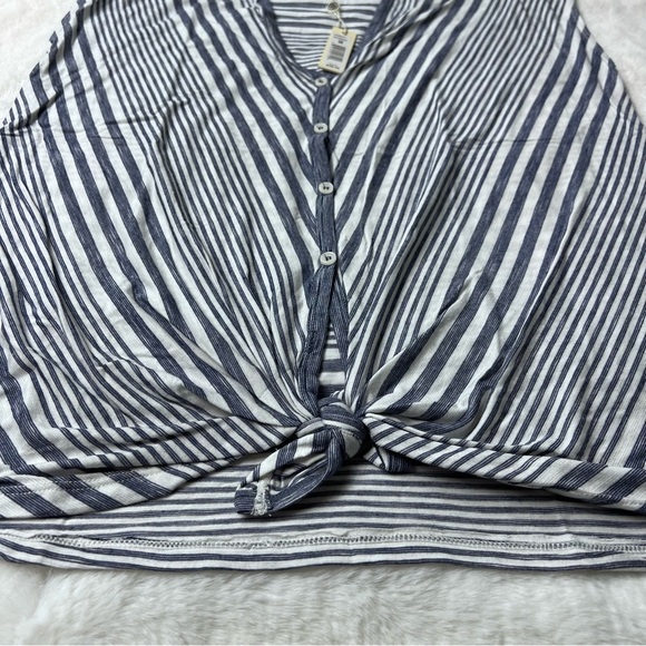 Max Studio Womens Striped Blouse Blue Short Sleeve Button Up Tie Front Size S - Picture 5 of 8